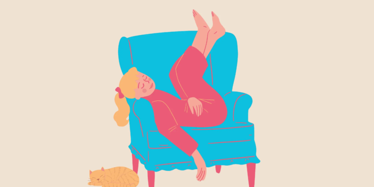 Ilustrasi mbak-mbak istirahat dengan kucingnya.